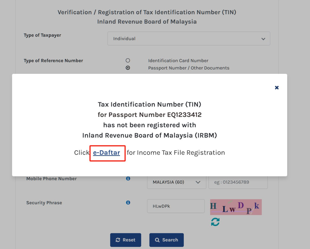 如果马来西亚税局没有你对应的信息,网站会有以下提示 你只需点击 e-Daftar 进入基本信息填写